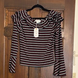 LoveRiche Black red and White Striped Ruffle top with bell sleeves never worn